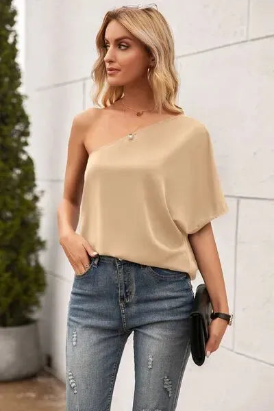 Single Shoulder Half Sleeve T-Shirt Sand Women's T-Shirts - Tophatter Daily Deals